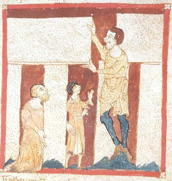 A giant helps Merlin build Stonehenge. From a manuscript of the Roman de Brut by Wace in the British Library (Egerton 3028). This is the oldest known depiction of Stonehenge.